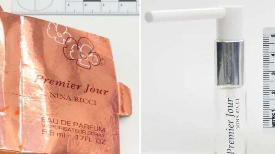 Close-up police image of a perfume sample bottle and packaging - it is made to look like the Nina Ricci brand.