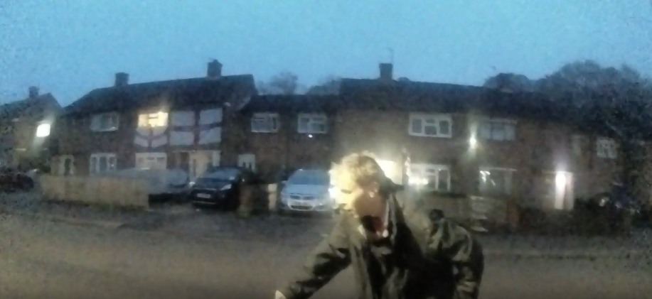 Liam Jones, in a black coat, on a bike hours after the attack