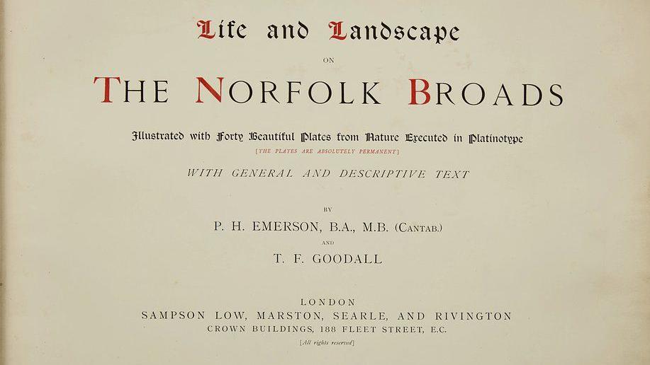 Title page from the book. The paper once white has faded to a darker cream colour. The first letter of each word in the title ''Life and Landscape on the Norfolk Broads' is written in red.
