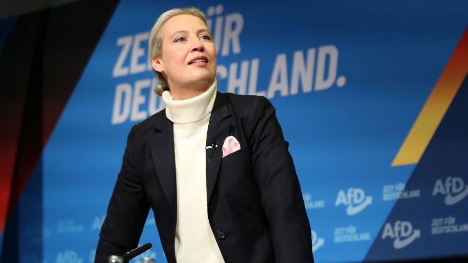 A woman wearing a black jacked and white sweater talks to an audience of supporters from a stage in Germany