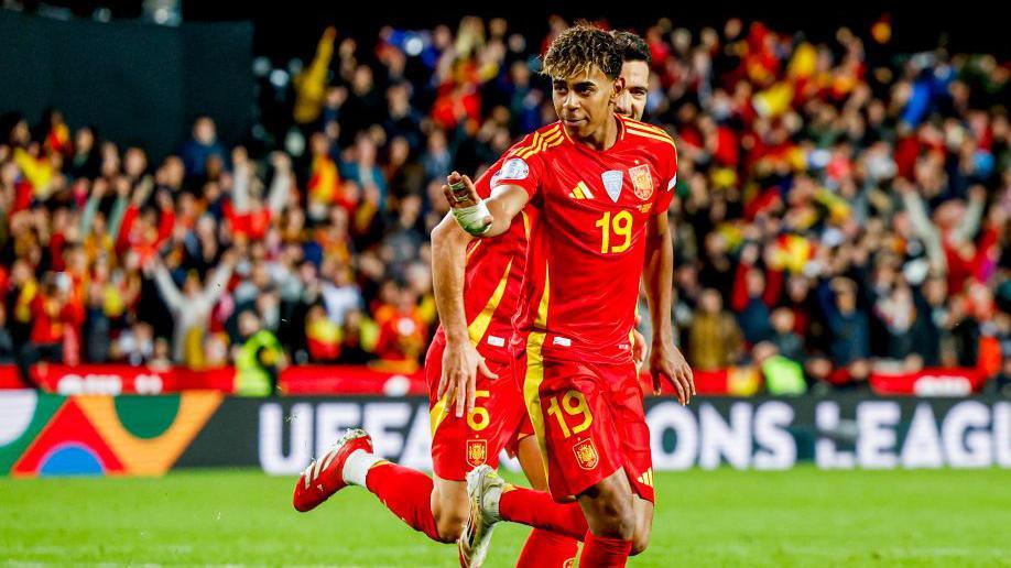 Lamine Yamal celebrates scoring for Spain against the Netherlands in the Nations League