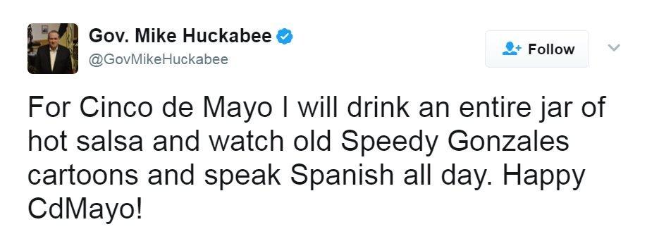 Tweet reads: For Cinco de Mayo I will drink an entire jar of hot salsa, and watch old Speedy Gonzales cartoons and speak Spanish all day. Happy CdMayo!