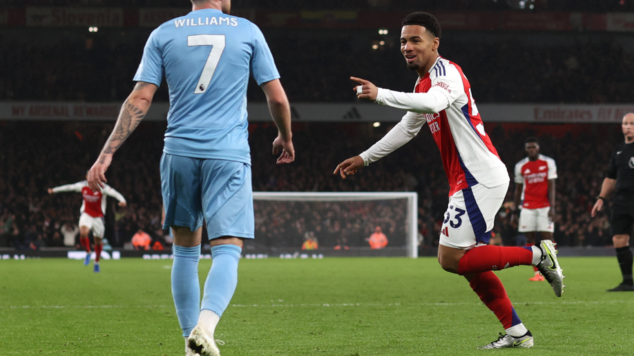 Ethan Nwaneri celebrates scoring for Arsenal against Nottingham Forest in the Premier League