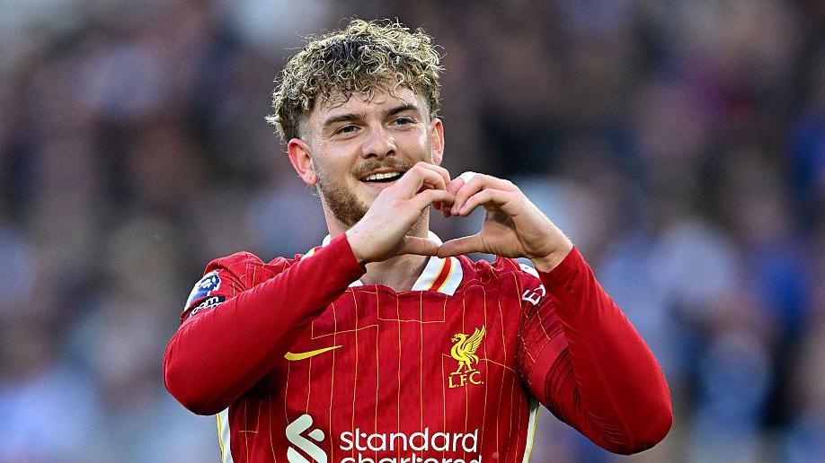 Harvey Elliott makes a heart sign with his hands while playing for Liverpool