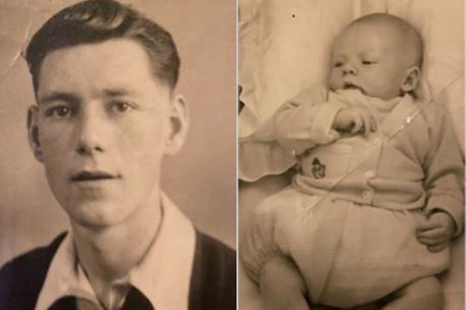 An old photo of Brian Teasdale with a 1950s-style quiff in his hair in a sepia toned image alongside another black and white image of Karen Teasdale-Robson as a newborn baby wearing 60s style bloomers and an embroidered cardigan.