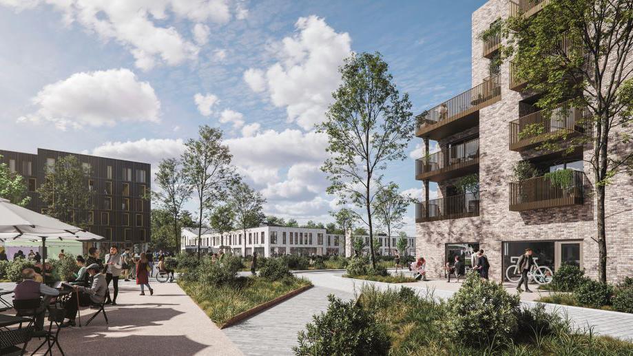 Artist impression of new blocks of flats and offices surrounded by footpaths and greenery.