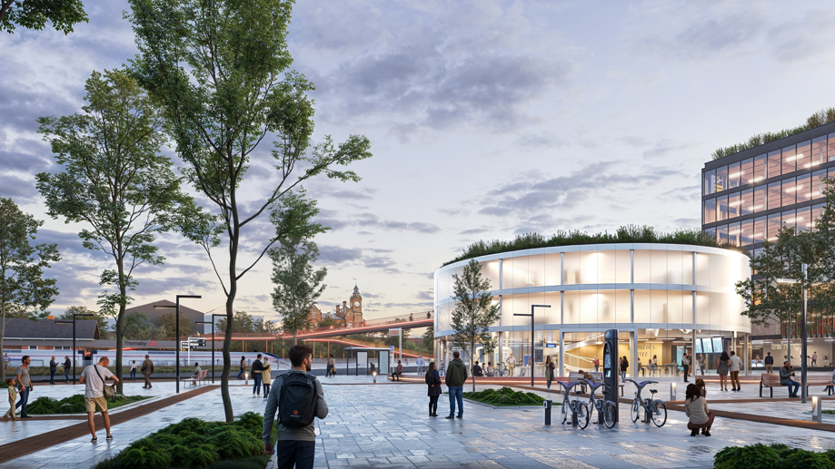 A CGI image of a new transport hub, which is cylindrical and translucent. There are people standing around in the town square beside it.