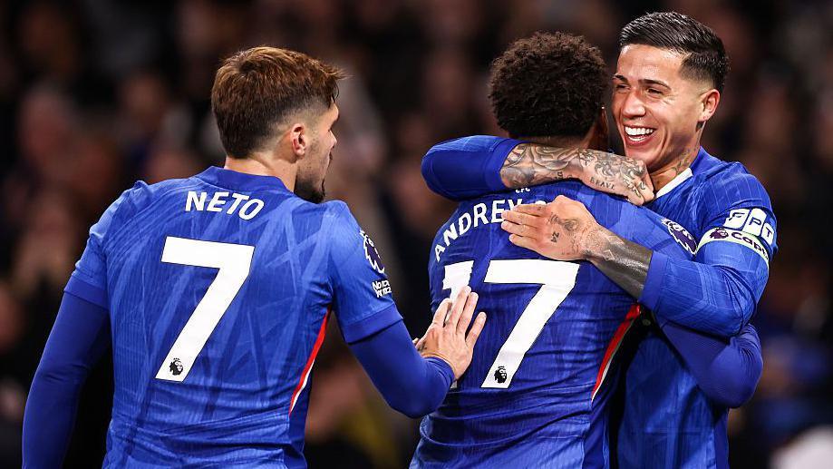 Pedro Neto, Andrey Santos and Enzo Fernandez celebrate together after Andrey scores against Tottenham