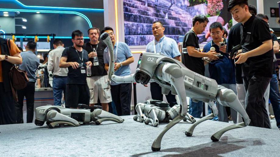 A Unitree robot dog waves at the crowd at a tech convention in  China.