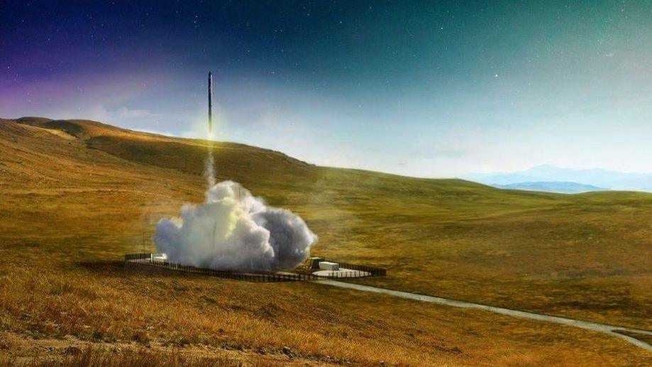 An artist's impression of a rocket launching from Sutherland Spaceport. There is a plume of smoke below the rocket as it takes off.