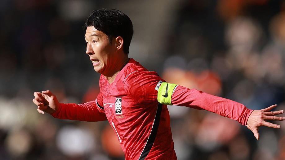Son Heung-min in action for South Korea during a game in March