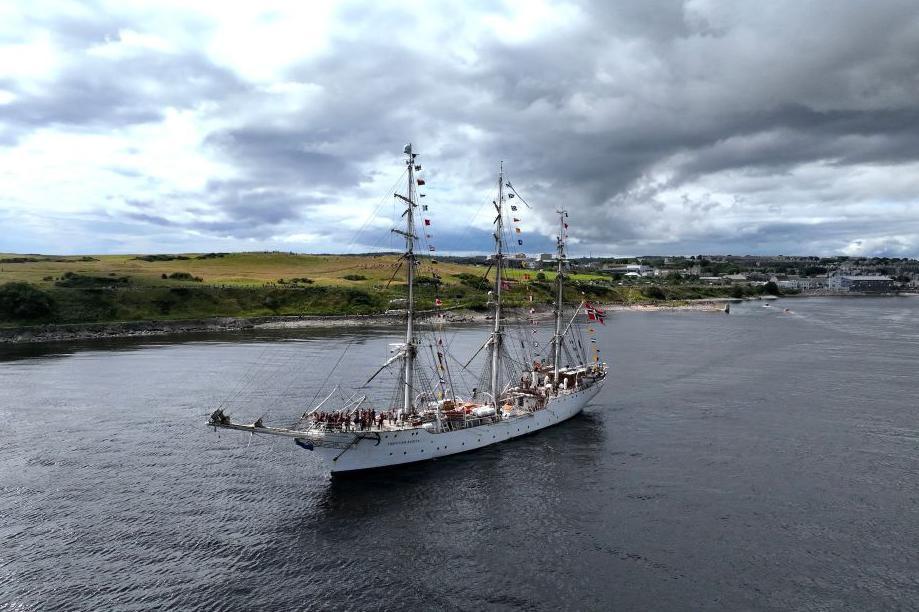 Tall ship Christian Radich sailing from Aberdeen.