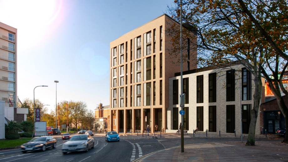 A seven-storey block of student flats on a main road in Leicester