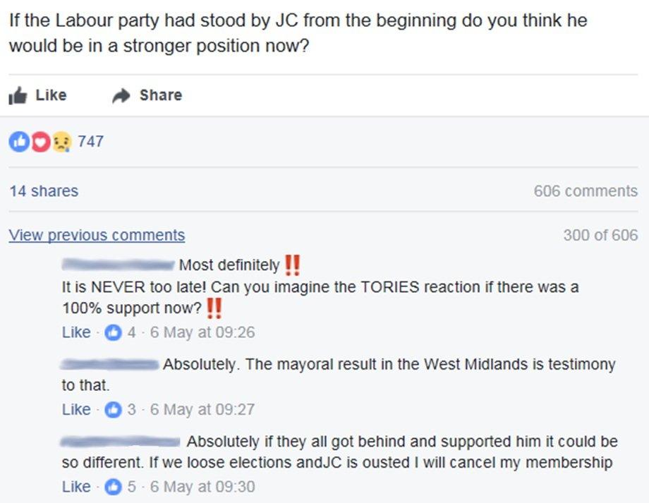 Post reads: If the Labour party had stood by JC from the beginning do you think he would be in a stronger position now?