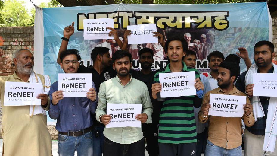 NEET exam candidates and their parents protest against cancellation of Neet Re-Exam at Jantar Mantar on June 12, 2024 in Delhi