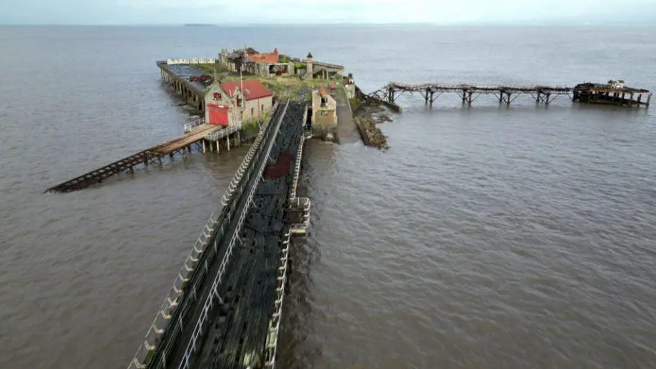 An aerial shot of the dilapidated pier