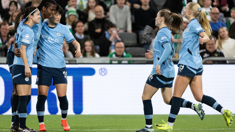 Manchester City's players celebrate after Khadija Shaw scores against Hammarby in the Women's Champions League