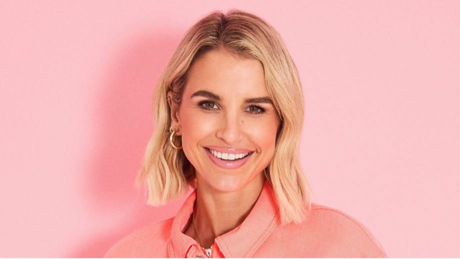 Vogue Williams wearing pink on a pink background