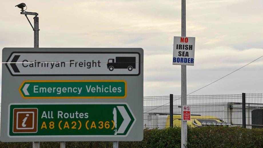 A white grey evening sky with a camera on the left hand side above a road sign that reads 'Cairnryan Freight' in black and white with a lorry symbol, 'Emergency Vehicles' in green, white and yellow and 'All Routes' in brown, green, white and yellow. 

To the right of that is a 'no Irish Sea Border' sign on a lamppost above a green bush with a yellow van sticking out in the background. 