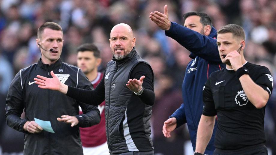 Man Utd manager Erik ten Hag reacts after a penalty is awarded to West Ham United