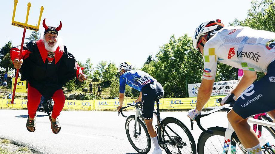 Dieter Senfl jumps into the air during stage three of the Tour de France 2026