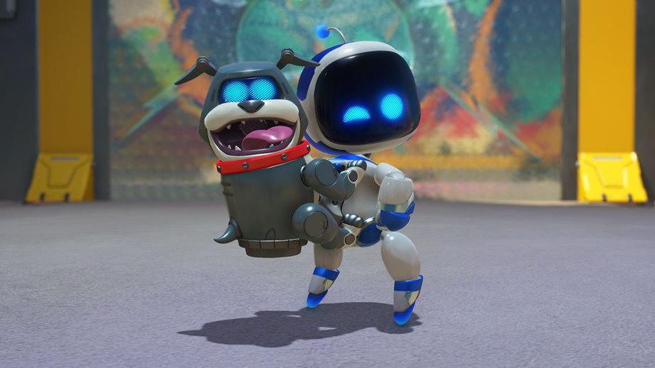 A robot-like character stands with a dog-shaped rocket on its back.