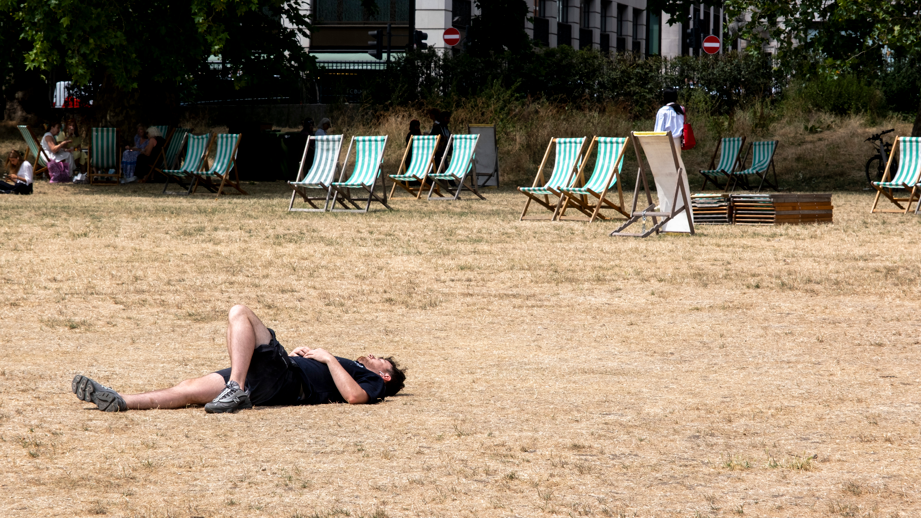 A man lying in a field of parched grass in the sunshine