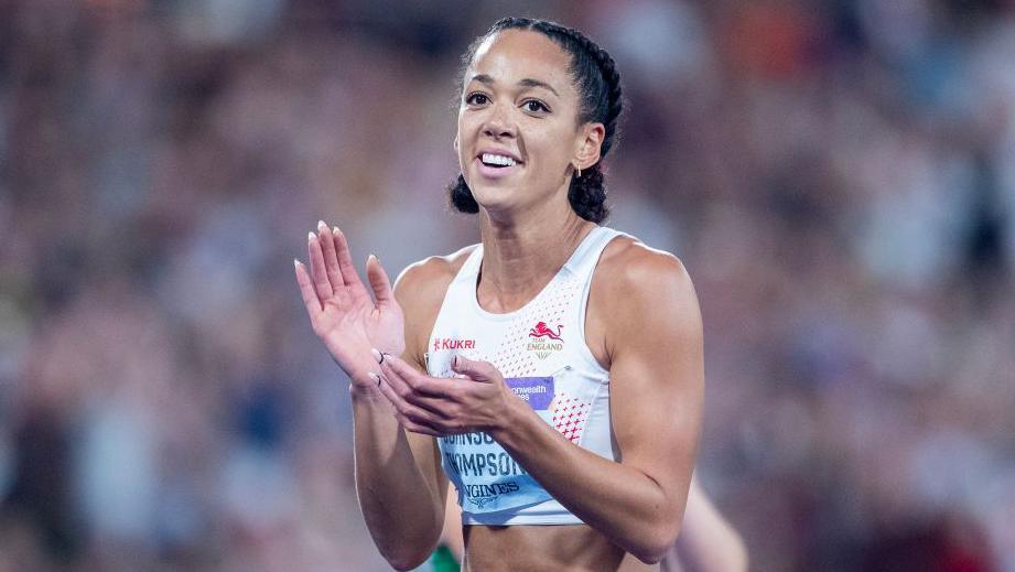 Katarina Johnson-Thompson applauds the crowd at Birmingham 2022
