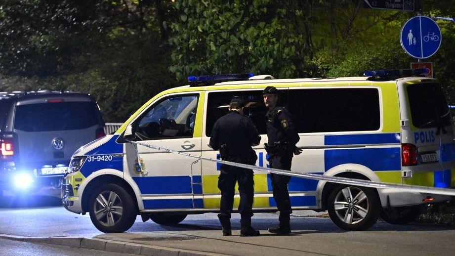 Police secure the area near the Israeli embassy in Stockholm after a suspected shooting on October 1, 2024