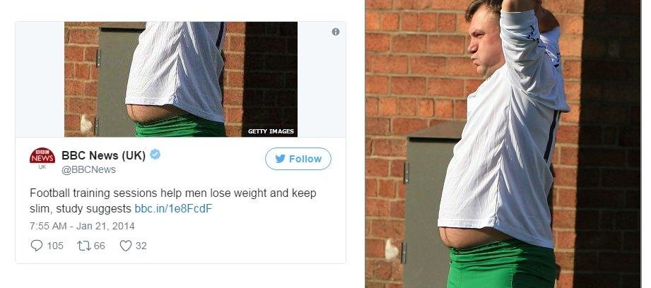 BBC Tweet of a man's stomach (l), and the original image of Ed Balls (r) from which it was taken