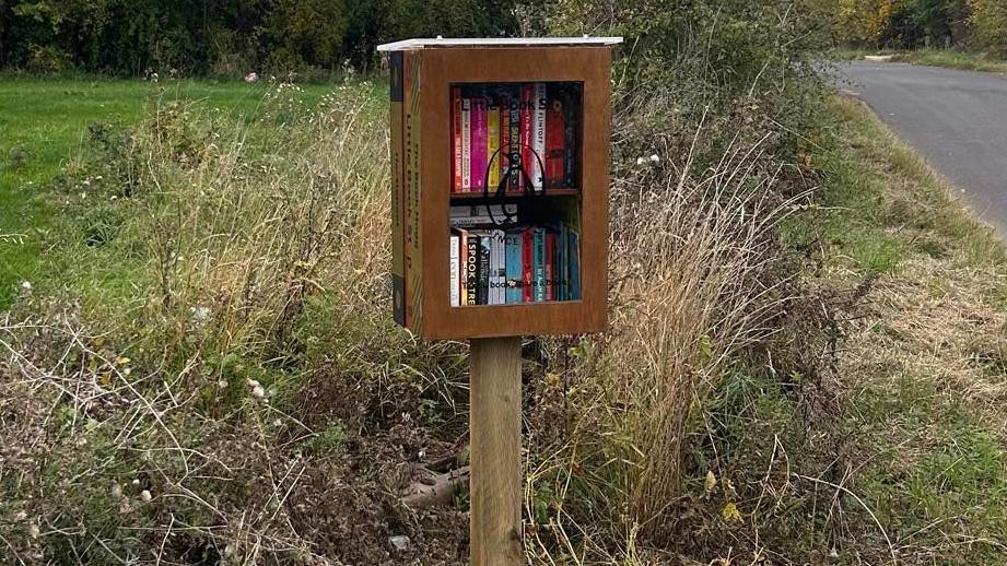 A small wooden box with a glass front with the Penguin Books logo stuck onto the glass. The box stands on top of a wooden post and has two shelves of books inside.