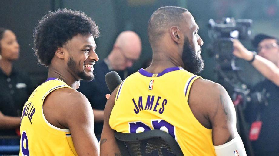 Bronny James and Lebron James at Los Angeles Lakers media day