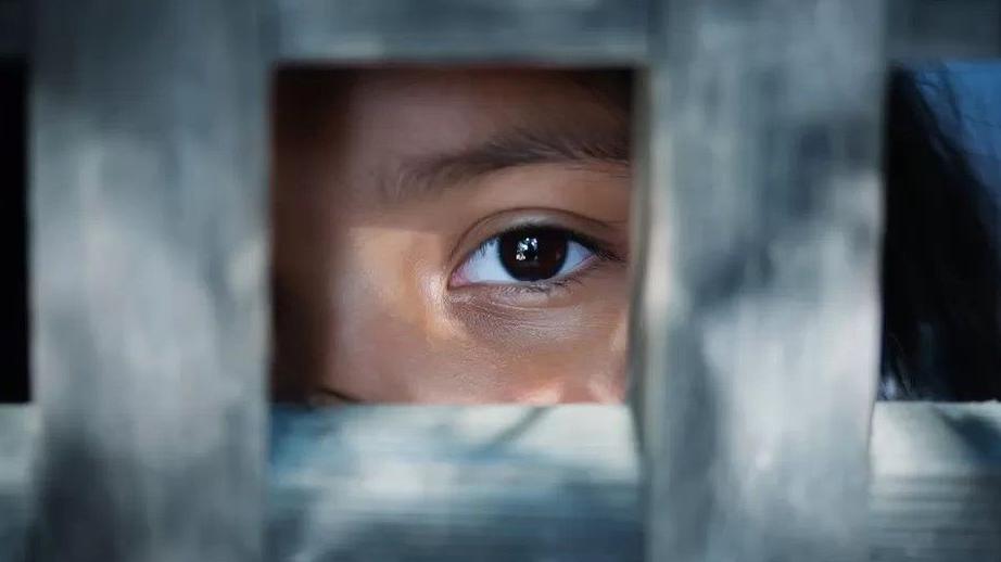 A child peers out from a closed gated area.