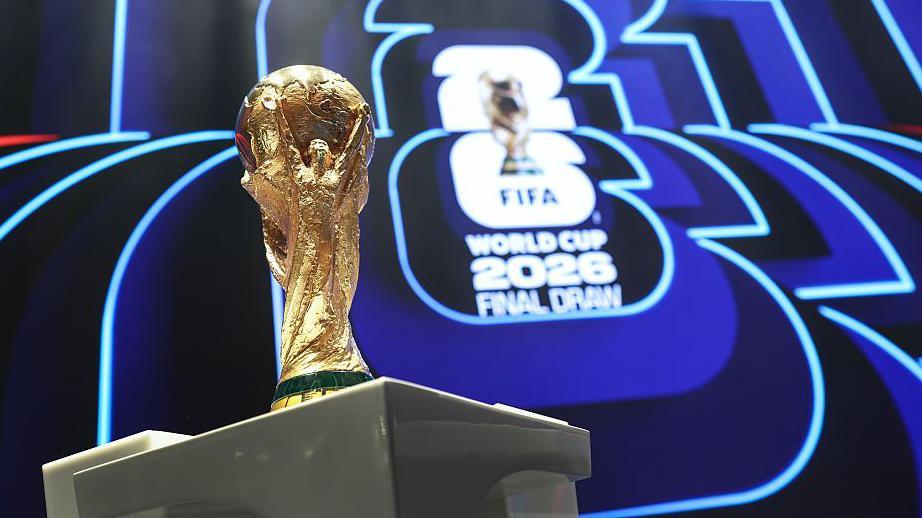 The FIFA World Cup trophy on stage at the Kennedy Center ahead of the FIFA World Cup 2026 draw