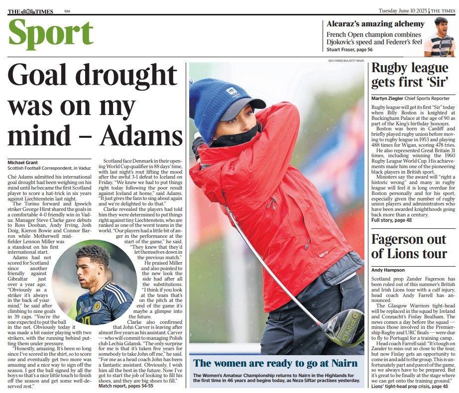 The back page of the Scottish edition of The Times on 100625