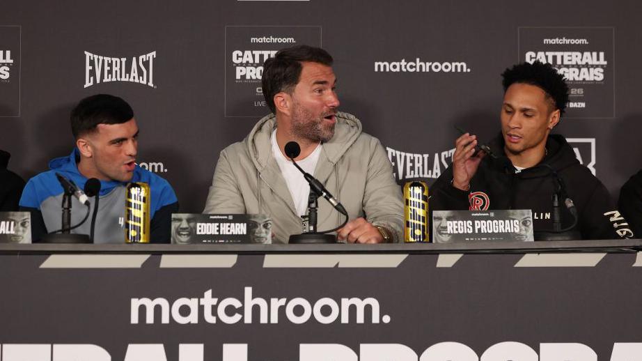 Jack Catterall, Eddie Hearn and Regis Prograis at a media conference