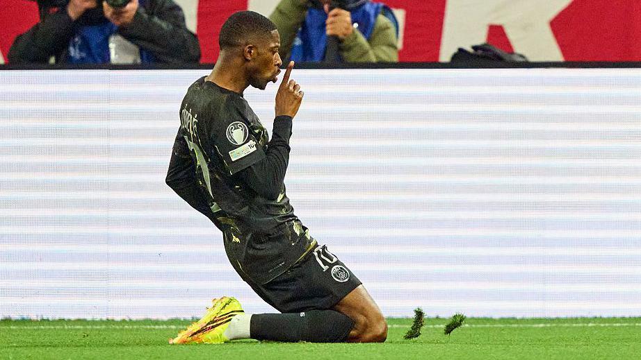 Paris St-Germain's Ousmane Dembele celebrates scoring at Bayern Munich in the Champions League semi-final