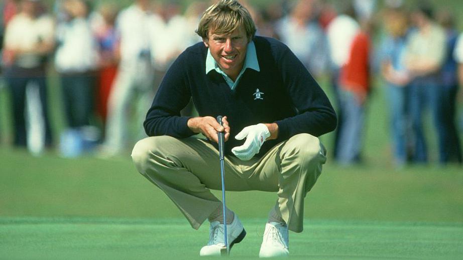 Peter Oosterhuis lining up a putt at the 1982 Open Championship