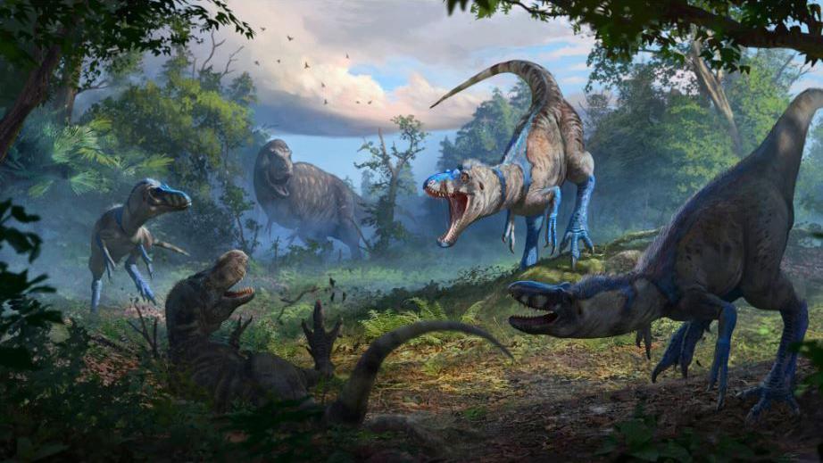 An artist's impression of the new dinosaurs with a young T. rex.