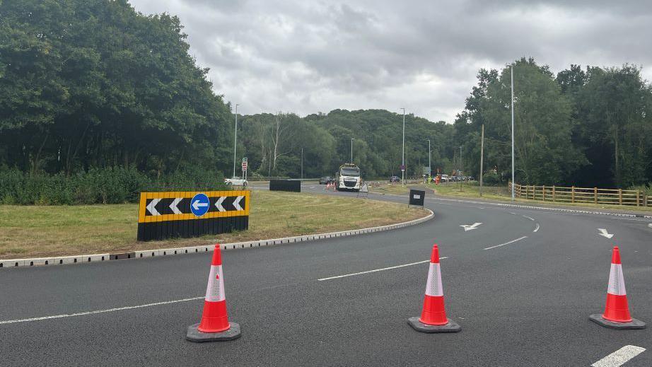 General view of coned-off Clophill Roundabout