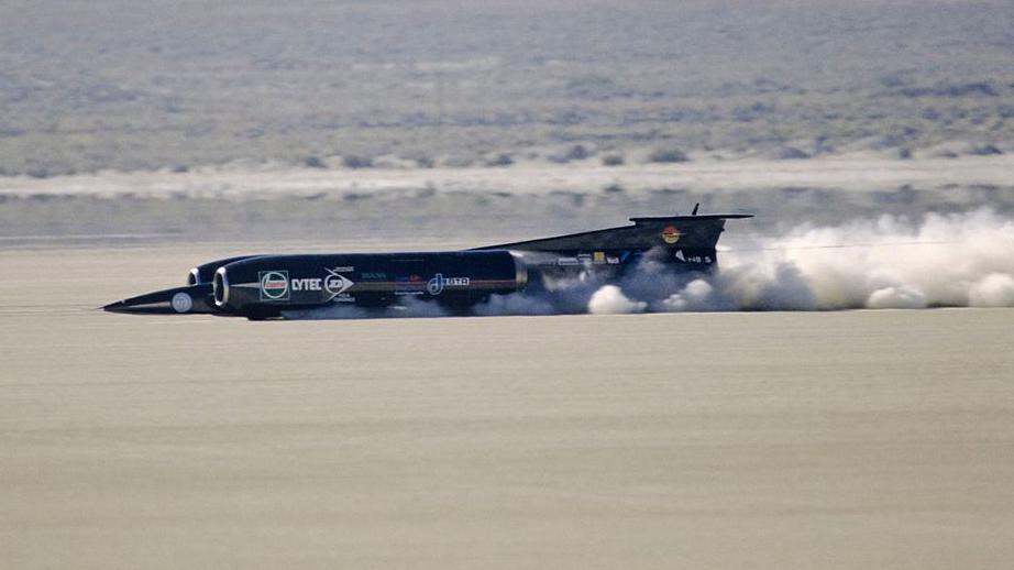 The Thrust SSC car makes a speed run in September 1997 in the Black Rock Desert north of Reno, Nevada.