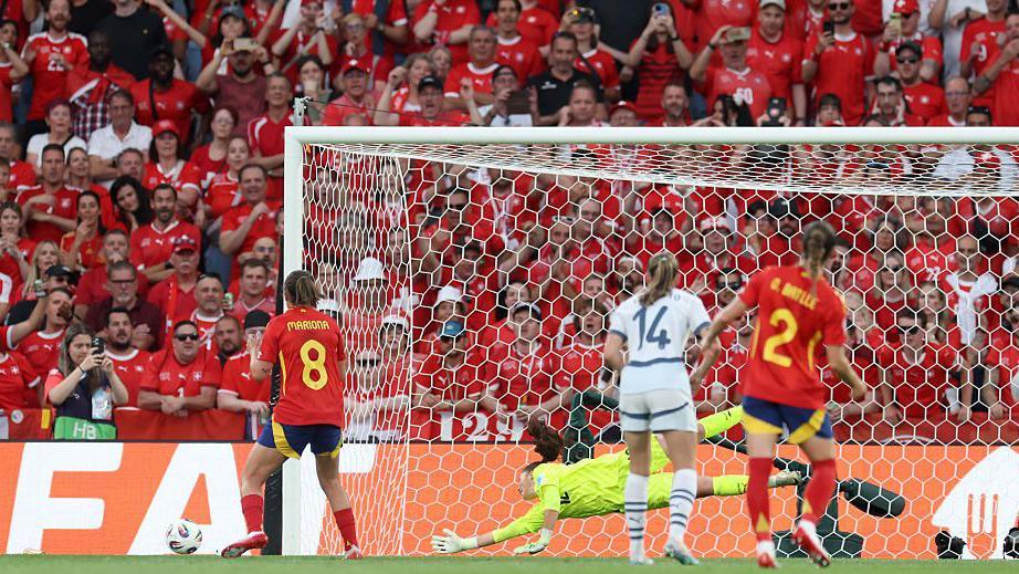 Spain's Mariona Caldentey misses a penalty against Switzerland in the Euro 2025 quarter-final