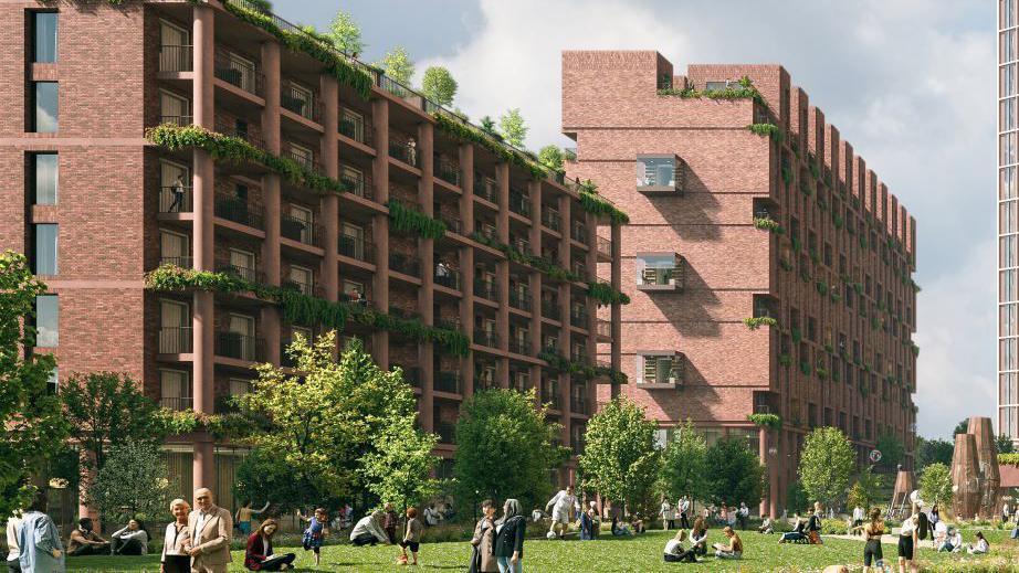 artist's impression of new flats which are brown bricks with greenery lined balconies, green space below and lots of trees and smiling people walking around