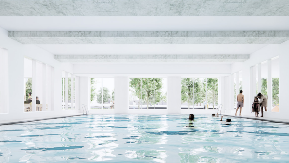 A design image of a swimming pool with windows. There are people in the pool and next to it, and there are trees outside.