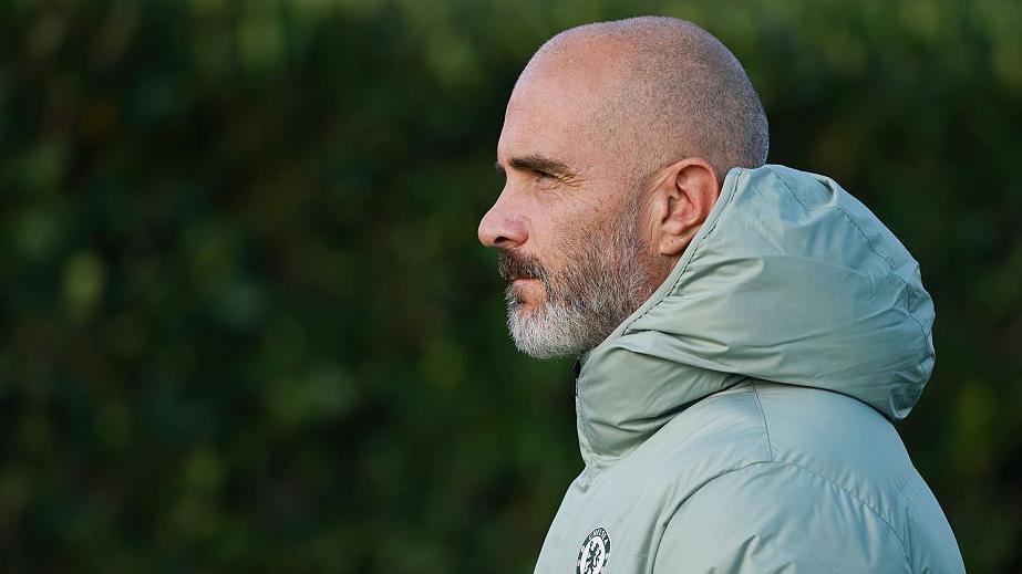 Enzo Maresca, head coach of FC Chelsea looks on during a training session at Chelsea Training Ground