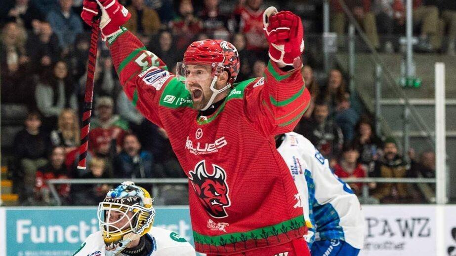 Evan Mosey celebrates a goal for Cardiff Devils