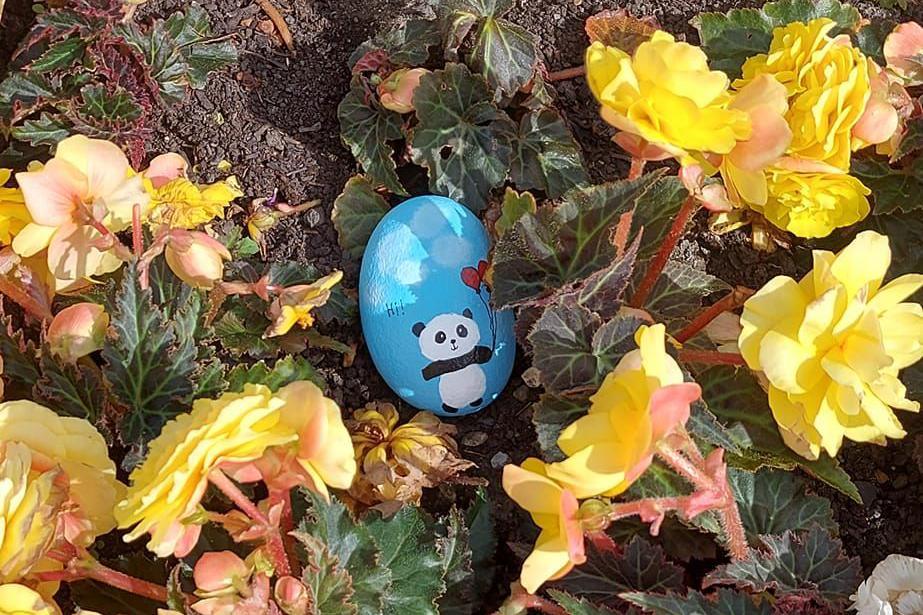 A rock, which has a smiling panda painted on it, is hidden in a flower bed.