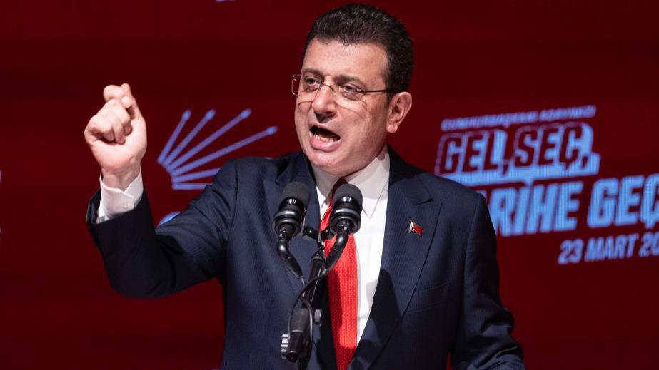 Istanbul Mayor Ekrem Imamoglu, the Republican People's Party's (CHP) presidential primary candidate, addresses the CHP leadership and parliamentarians to outline his roadmap and strategies during 2028 presidential candidate election meeting on February 27, 2025 in Ankara, Turkey