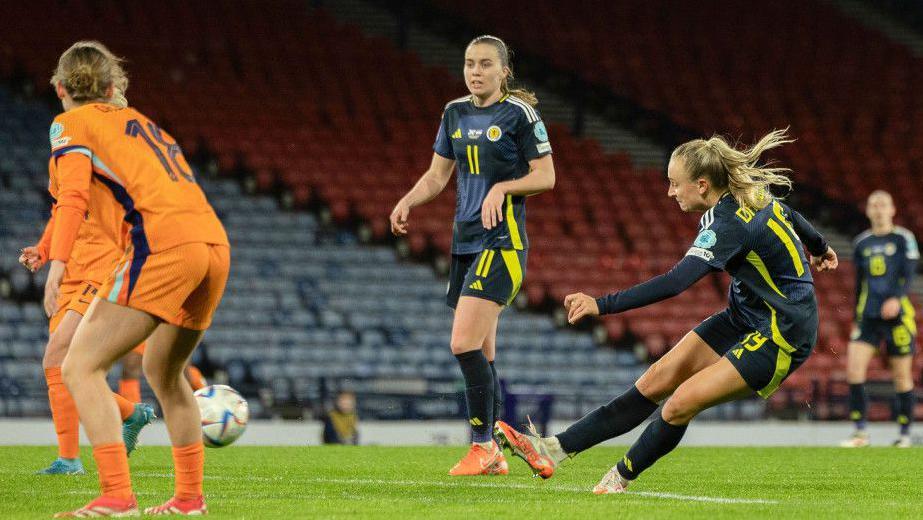Scotland's Lauren Davidson has a shot against the Netherlands in a 2-1 defeat at Hampden