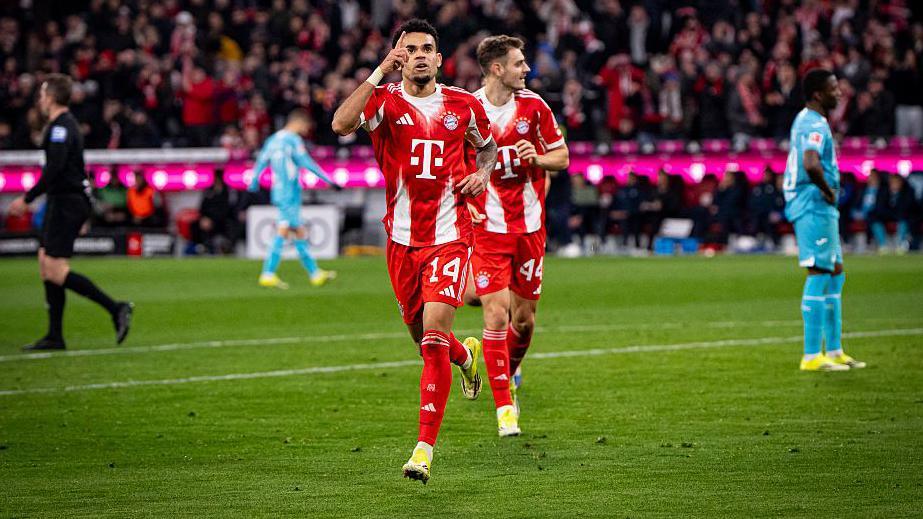 Luis Diaz celebrates scoring for Bayern Munich